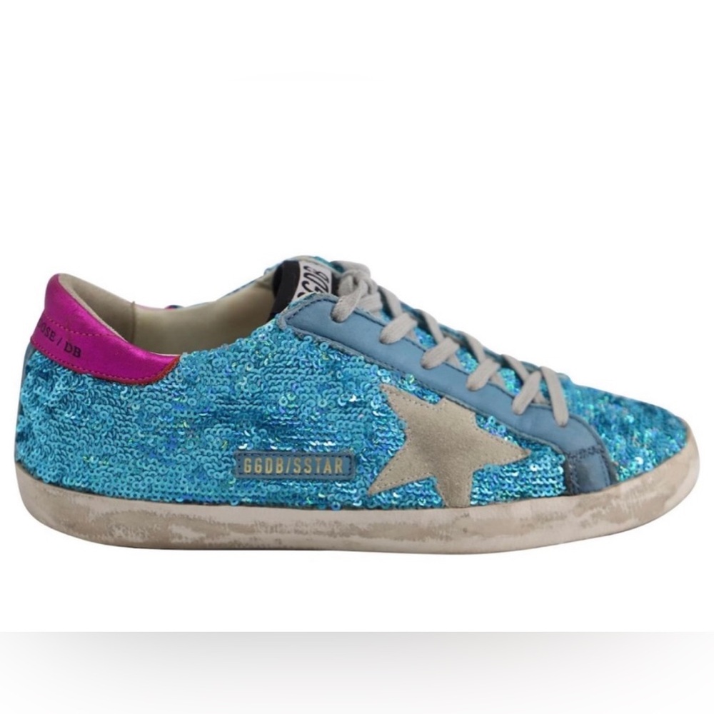 Golden Goose Superstar Blue Sequin and Pink Heel Tab